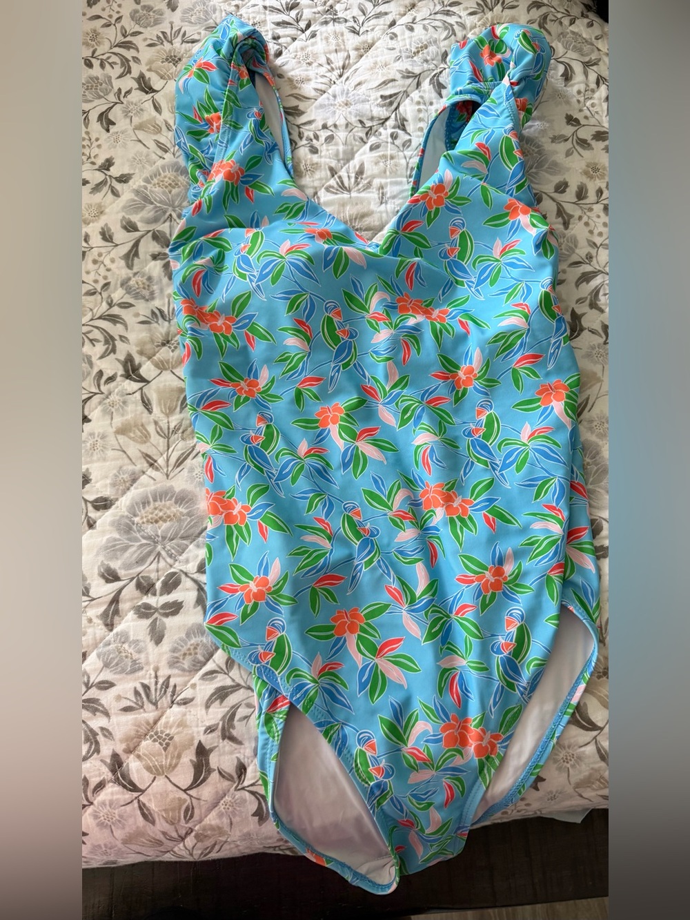 Mary square Women Floral One-Piece Swimsuit — Blue with Green & orange Flowers